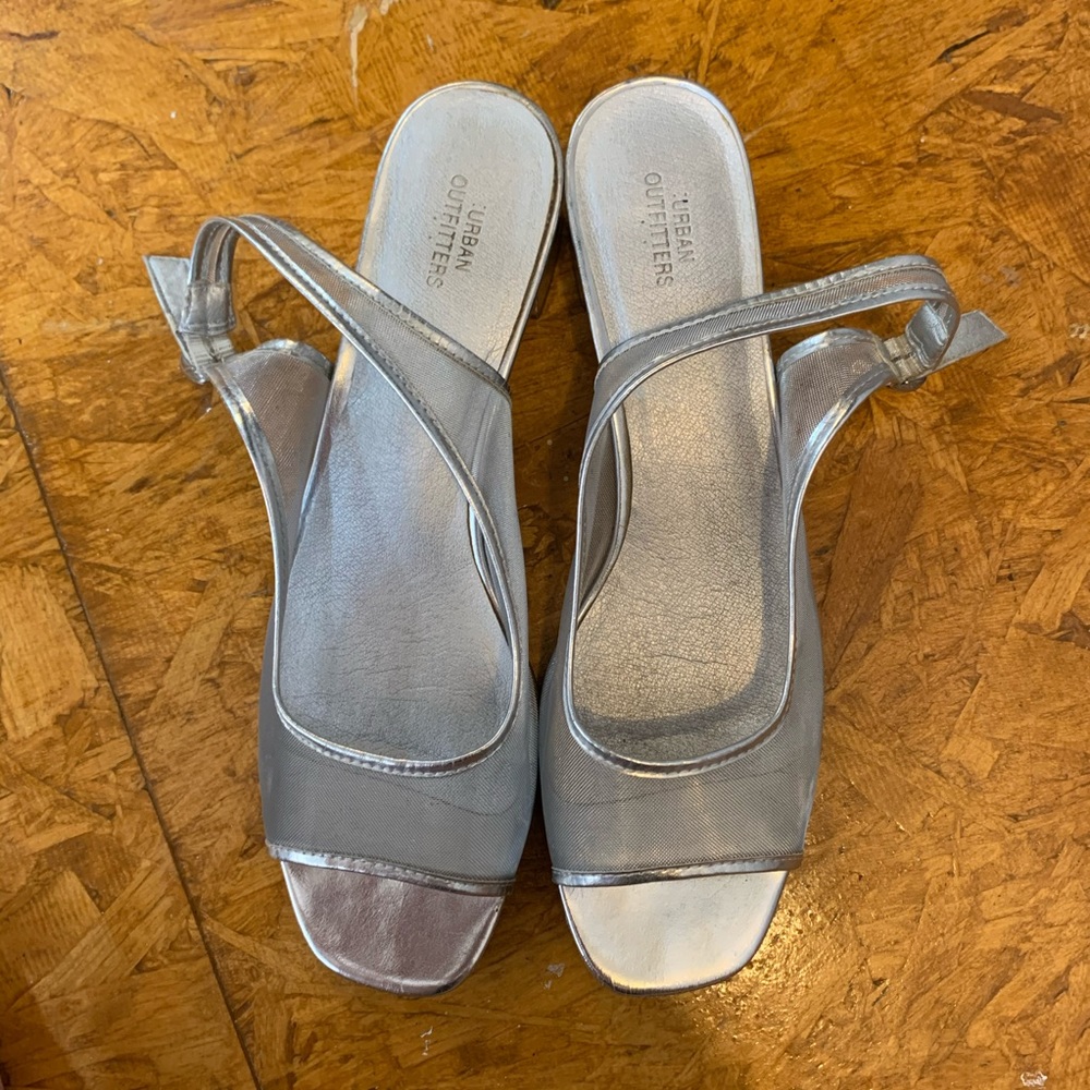 Urban Outfitters Silver Peep Toe Kitten Heels